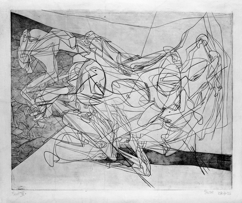 Stanley William Hayter (British, 1901–1988). <em>Combat, Fourth State</em>, July 28, 1936. Engraving, Other (Plate): 15 3/4 x 19 3/8in. (40 x 49.2cm). Brooklyn Museum, By exchange, 43.238.7. © artist or artist's estate (Photo: Brooklyn Museum, 43.238.7_bw.jpg)