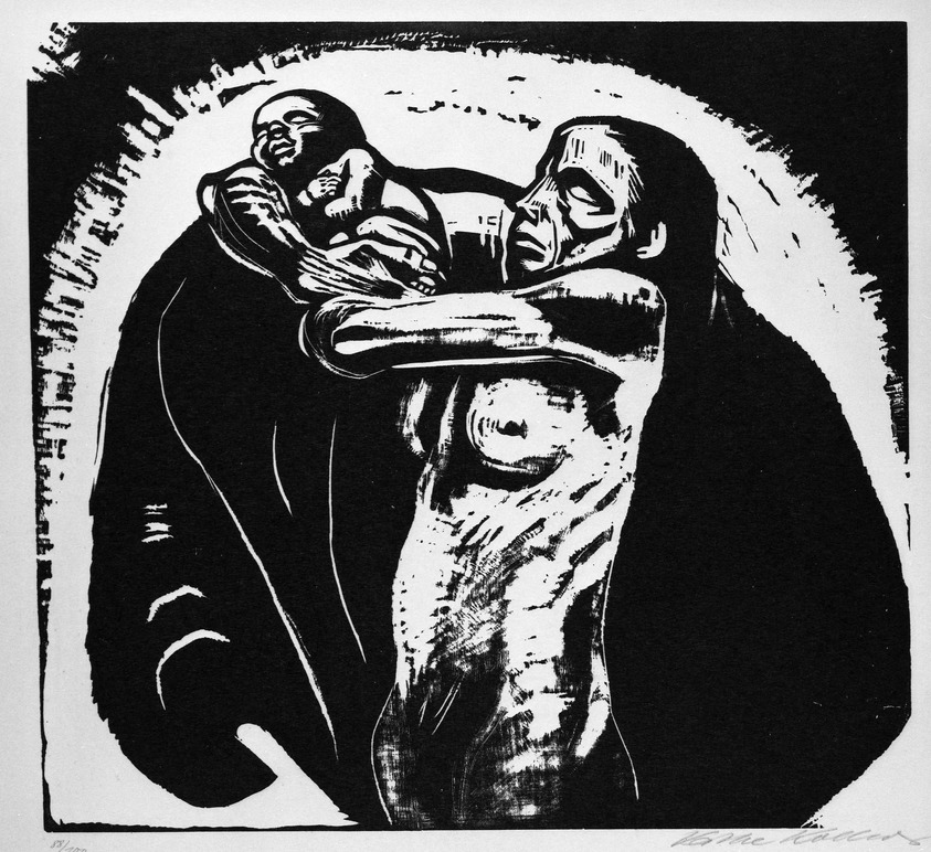 Käthe Kollwitz (German, 1867–1945). <em>The Sacrifice (Das Opfer)</em>, 1922–1923. Woodcut in black ink on beige, moderately thick, smooth, wove paper, image: 14 9/16 × 15 13/16 in. (37 × 40.2 cm). Brooklyn Museum, Carll H. de Silver Fund, 44.201.1. © artist or artist's estate (Photo: Brooklyn Museum, 44.201.1_bw_IMLS.jpg)