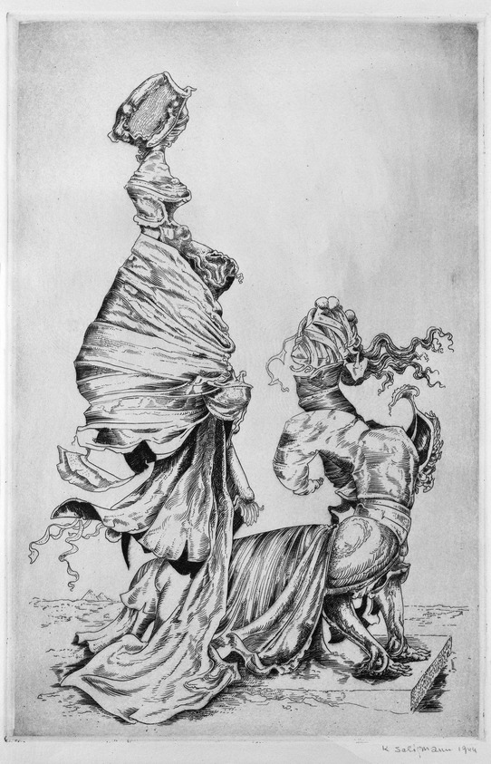 Kurt Seligmann (Swiss, 1900-1962). <em>Frontispiece: The Sphinx</em>, 1944. Etching on wove, handmade rag paper, 22 5/8 x 15 3/8 in.  (57.5 x 39.0 cm). Brooklyn Museum, Carll H. de Silver Fund, 44.43.1. © artist or artist's estate (Photo: Brooklyn Museum, 44.43.1_bw.jpg)