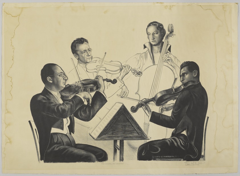 Leo Katz (American, 1887-1992). <em>Musical Art Quartet</em>, 1937. Lithograph, Sheet: 22 13/16 x 31 13/16 in. (57.9 x 80.8 cm). Brooklyn Museum, Anonymous gift, 44.44.8. © artist or artist's estate (Photo: Brooklyn Museum, 44.44.8_PS4.jpg)