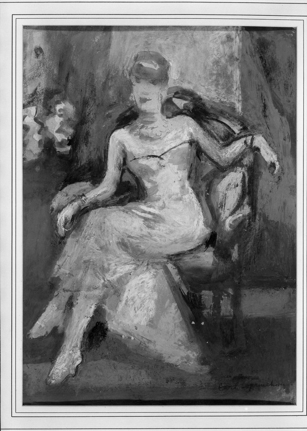 Carl Sprinchorn (American, 1887-1971). <em>A Hostess</em>, 20th century. Gouache on paper, Image: 14 9/16 x 10 7/16 in. (37 x 26.5 cm). Brooklyn Museum, Gift of Ettie Stettheimer, 45.115. © artist or artist's estate (Photo: Brooklyn Museum, 45.115_framed_acetate_bw.jpg)