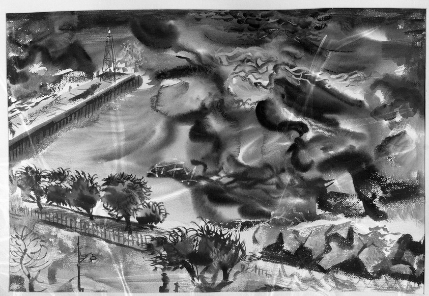 Rainey Bennett (American, 1907–1998). <em>Turbulent Lake</em>, 1943. Watercolor on paper, Image: 18 7/16 x 27 1/2 in. (46.9 x 69.9 cm). Brooklyn Museum, Frank L. Babbott Fund, 45.32. © artist or artist's estate (Photo: Brooklyn Museum, 45.32_acetate_bw.jpg)