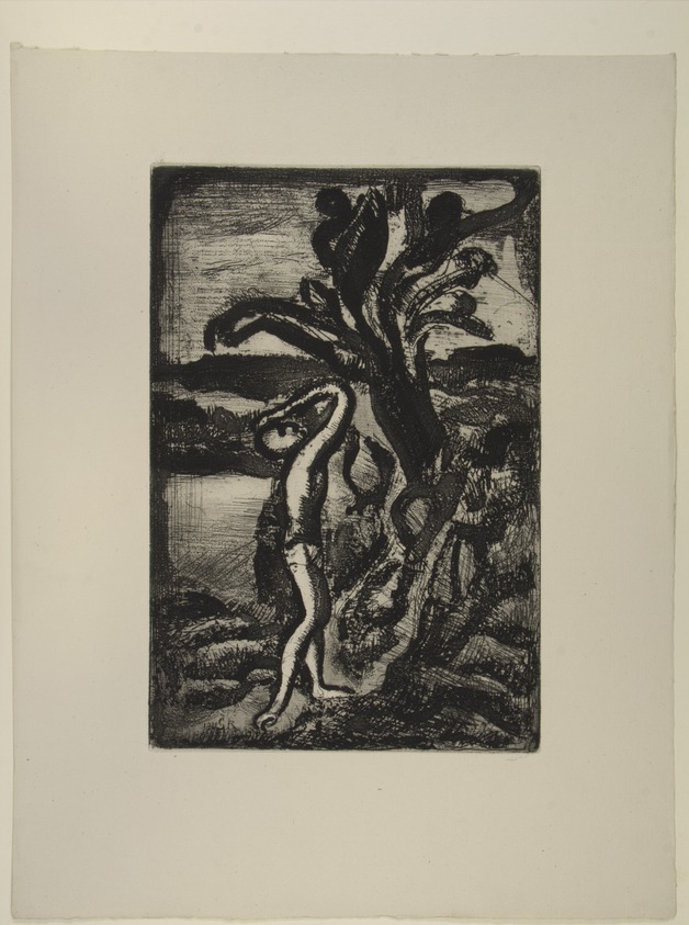 Georges Rouault (French, 1871-1958). <em>Paysage au palmier (frontispiece), Illustration for Réincarnations du Père Ubu</em>, 1932. Etching on Arches paper, Image: 10 1/2 x 6 5/8 in. (26.7 x 16.8 cm). Brooklyn Museum, Henry L. Batterman Fund, 46.130.1. © artist or artist's estate (Photo: , 46.130.1_view01_PS12.jpg)