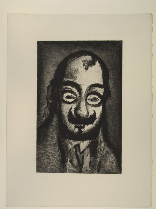 Georges Rouault (French, 1871-1958). <em>Homme à la moustahce, souriant, Illustration for Réincarnations du Père Ubu</em>, 1932. Etching on wove Arches paper, Image: 11 3/4 x 7 5/8 in. (29.8 x 19.3 cm). Brooklyn Museum, Henry L. Batterman Fund, 46.130.4. © artist or artist's estate (Photo: , 46.130.4_view01_PS12.jpg)
