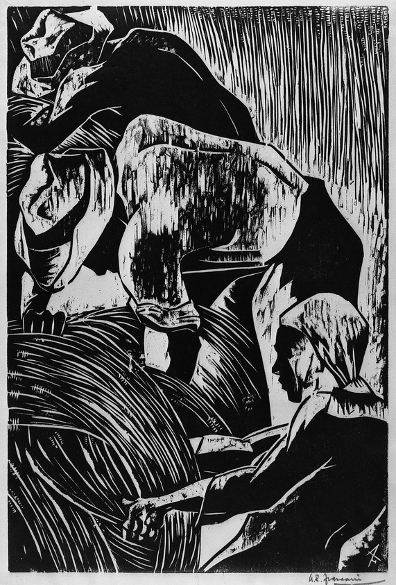Antonio Frasconi (American, born Argentina, 1919-2013). <em>Harvesters</em>, 1945. Woodcut on wove paper, Sheet: 16 1/16 x 11 3/4 in. (40.8 x 29.8 cm). Brooklyn Museum, A. Augustus Healy Fund, 46.65.1. © artist or artist's estate (Photo: Brooklyn Museum, 46.65.1_acetate_bw.jpg)