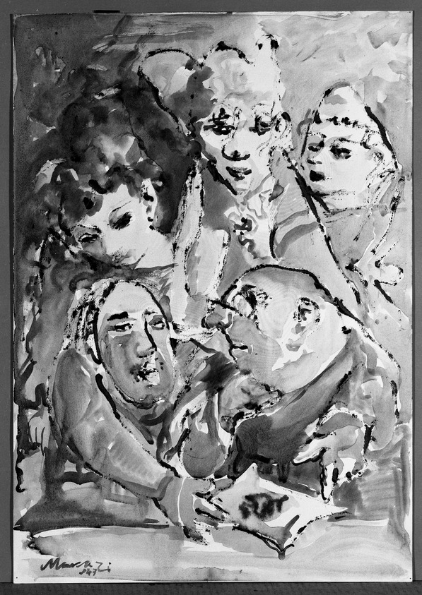 Mino Maccari (Italian, 1898-1989). <em>Enigma</em>, 1947. Watercolor on paper, Sheet: 19 x 13 3/8 in. (48.3 x 34 cm). Brooklyn Museum, Museum Collection Fund, 47.108. © artist or artist's estate (Photo: Brooklyn Museum, 47.108_bw.jpg)