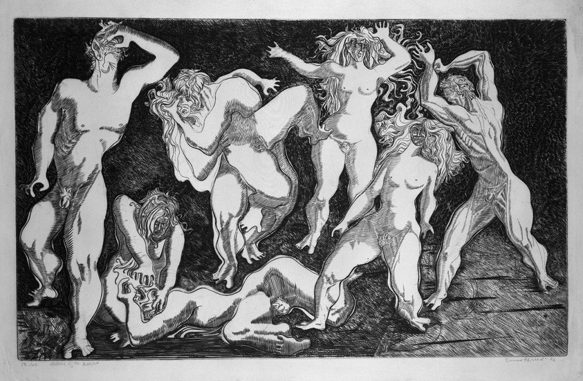 Ernest B. Freed (American, 1908-1974). <em>Battle of the Sexes</em>, 1946. Engraving, 17 11/16 x 28 13/16 in. (45 x 73.2 cm). Brooklyn Museum, Gift of Samuel Golden, 47.94.3. © artist or artist's estate (Photo: Brooklyn Museum, 47.94.3_bw.jpg)