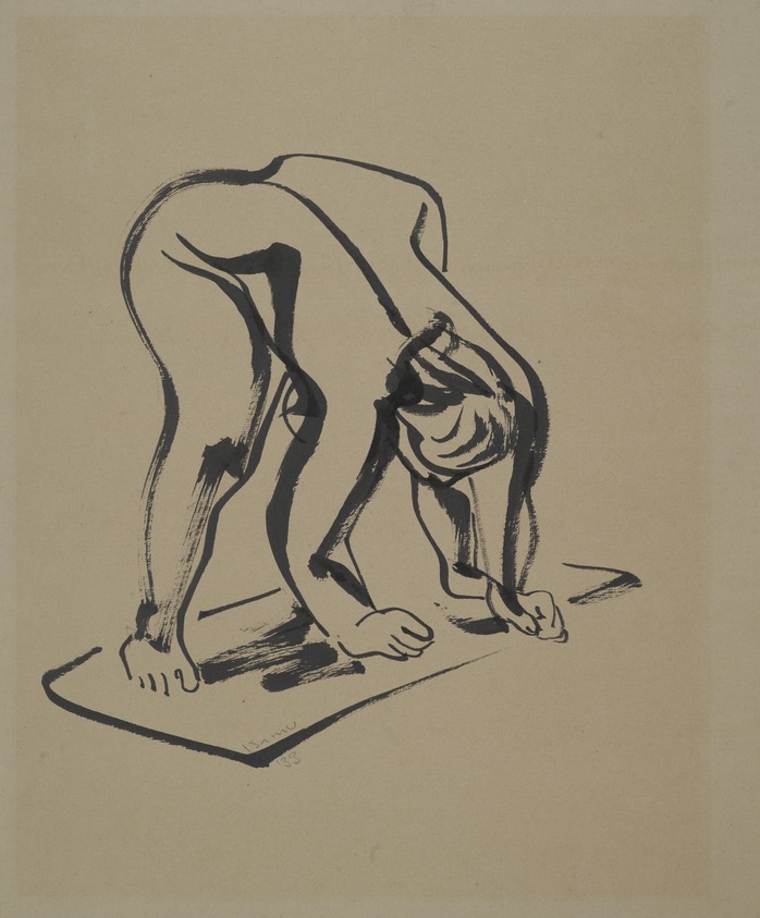 Isamu Noguchi (American, 1904-1988). <em>Bending Figure</em>, 1933. Ink on moderately thick, moderately textured brown wove paper, sheet: 24 1/8 x 20 in. (61.3 x 50.8 cm). Brooklyn Museum, Dick S. Ramsay Fund, 48.69.2. © artist or artist's estate (Photo: Brooklyn Museum, 48.69.2_PS2.jpg)