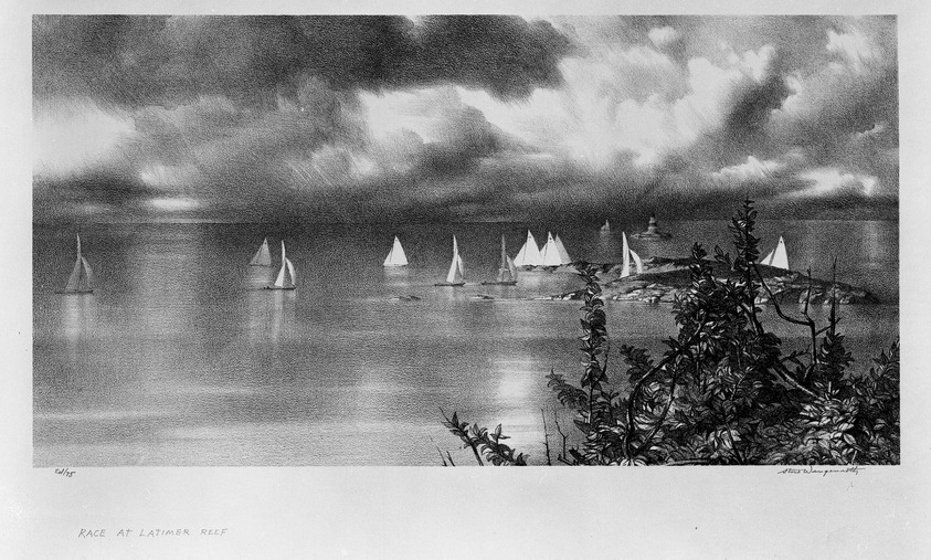 Stow Wengenroth (American, 1906-1978). <em>Race at Latimer Reef</em>, 1947. Lithograph on paper, 7 15/16 x 15 1/4 in. (20.2 x 38.7 cm). Brooklyn Museum, Frederick Loeser Fund, 48.99.15. © artist or artist's estate (Photo: Brooklyn Museum, 48.99.15_bw.jpg)