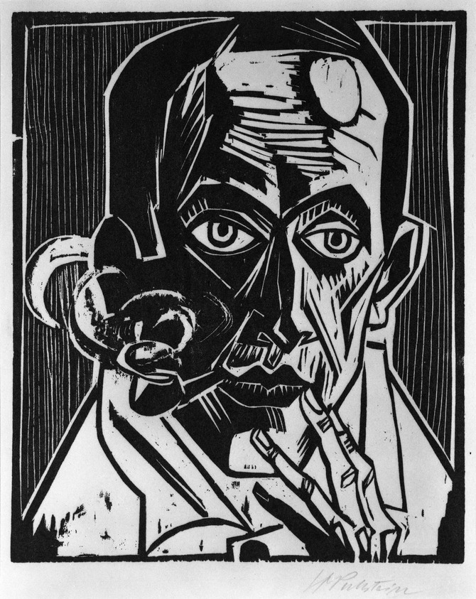 Max Pechstein (Zwickau, Germany, 1881–1955, Berlin, Germany (former West Berlin)). <em>Self-Portrait with Pipe (Selbstbildnis mit Pfeife)</em>, 1921. Woodcut on Japan paper, Image: 13 7/16 x 11 1/8 in. (34.1 x 28.3 cm). Brooklyn Museum, Caroline A.L. Pratt Fund, 49.102.4. © artist or artist's estate (Photo: Brooklyn Museum, 49.102.4_bw_IMLS.jpg)