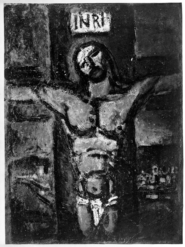 Georges Rouault (French, 1871-1958). <em>Crucifixion</em>. Heliogravure oon wove paper, 24 x 17 9/16 in. (61 x 44.6 cm). Brooklyn Museum, Gift of Guy Mayer, 49.151. © artist or artist's estate (Photo: Brooklyn Museum, 49.151_acetate_bw.jpg)