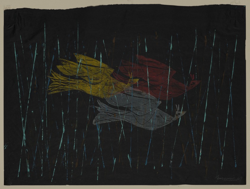 Antonio Frasconi (American, born Argentina, 1919–2013). <em>Rain</em>, 1948. Woodcut printed in color on black wove paper, Image: 13 3/8 x 18 1/16 in. (34 x 45.9 cm). Brooklyn Museum, Dick S. Ramsay Fund, 49.197.2. © artist or artist's estate (Photo: Brooklyn Museum, 49.197.2_PS20.jpg)