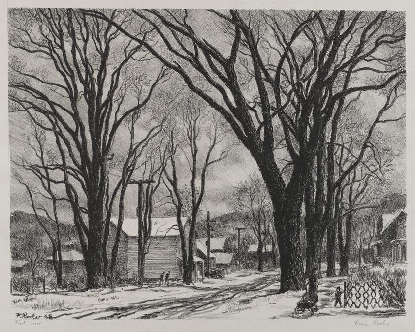 Fermin Rocker (American, 1907–2004). <em>First Snow</em>, 1948. Lithograph on heavy wove paper, Sheet: 14 x 16 7/8 in. (35.6 x 42.9 cm). Brooklyn Museum, 49.82. © artist or artist's estate (Photo: Brooklyn Museum, 49.82_PS4.jpg)