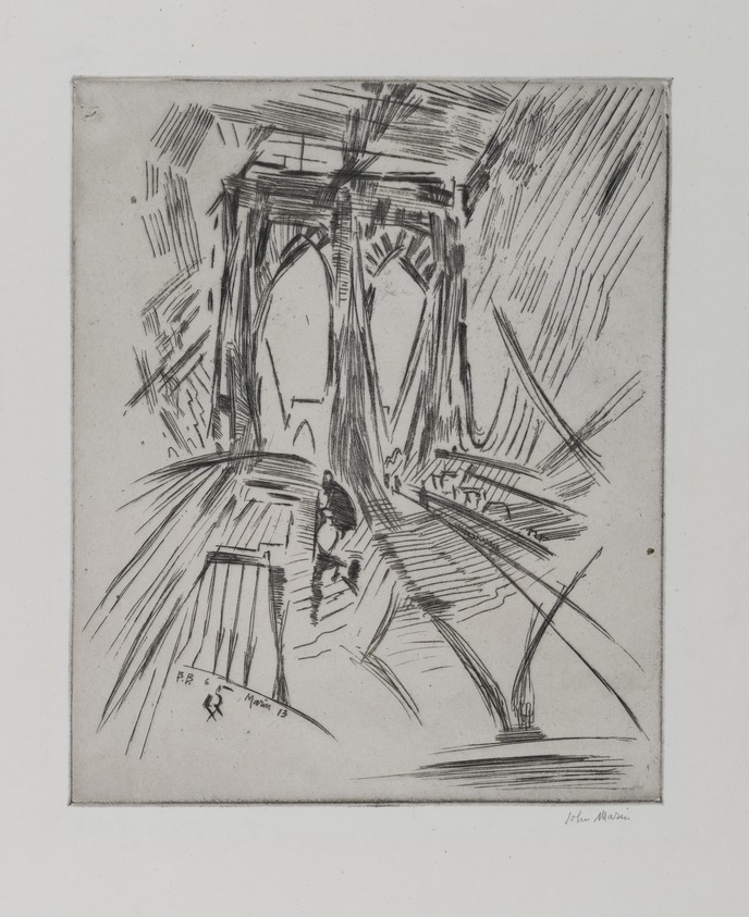 John Marin (American, 1870-1953). <em>Brooklyn Bridge. No. 6</em>, 1913. Etching on white wove paper, Sheet: 16 7/8 x 13 15/16 in. (42.9 x 35.4 cm). Brooklyn Museum, Dick S. Ramsay Fund, 50.166.3. © artist or artist's estate (Photo: Brooklyn Museum, 50.166.3_PS1.jpg)