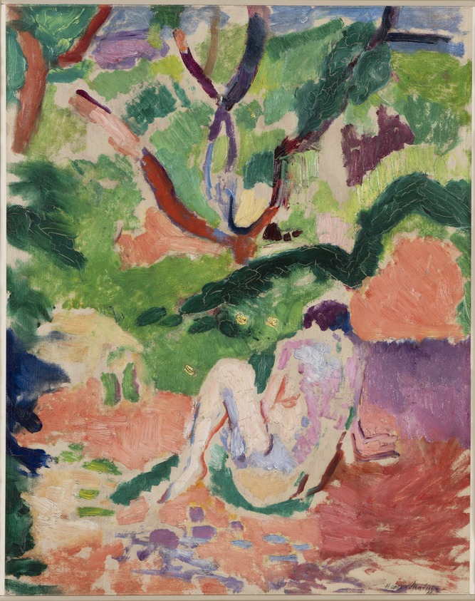 Henri Matisse (French, 1869-1954). <em>Nude in a Wood (Nu dans la forêt; Nu assis dans le bois)</em>, 1906. Oil on board mounted on panel, 16 x 12 3/4 in. (40.6 x 32.4 cm). Brooklyn Museum, Gift of George F. Of, 52.150. © artist or artist's estate (Photo: Brooklyn Museum, 52.150_PS11.jpg)