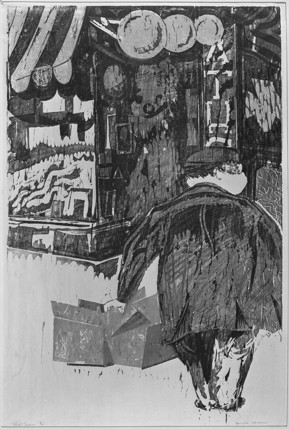 Arnold Abramson (American, born 1928). <em>Street Scene</em>. Woodcut on paper, Image: 24 3/4 x 16 1/4 in. (62.8 x 41.2 cm). Brooklyn Museum, Dick S. Ramsay Fund, 52.17. © artist or artist's estate (Photo: Brooklyn Museum, 52.17_acetate_bw.jpg)