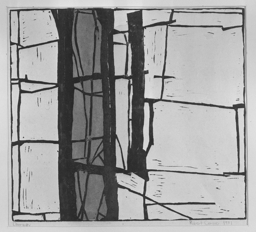 Robert Conover (American, 1920-1998). <em>Doorway</em>, 1951. Woodcut in color on cream-colored newsprint, 12 3/16 x 13 7/16 in. (30.9 x 34.2 cm). Brooklyn Museum, Dick S. Ramsay Fund, 52.20. © artist or artist's estate (Photo: Brooklyn Museum, 52.20_acetate_bw.jpg)