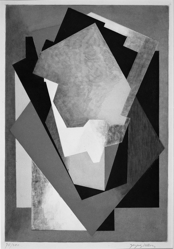 Jacques Villon (French, 1875-1963). <em>Composition</em>, 1928. Aquatint and roulette in color on wove Arches paper, 19 1/2 x 13 3/8 in. (49.5 x 34 cm). Brooklyn Museum, Ella C. Woodward Memorial Fund, 52.90.1. © artist or artist's estate (Photo: Brooklyn Museum, 52.90.1_acetate_bw.jpg)