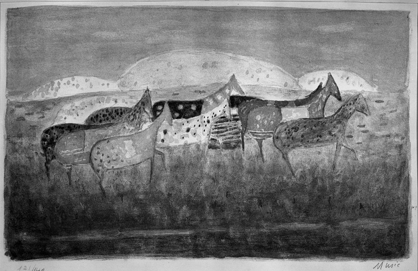 Antonio Zoran Music (Italian, 1909-2005). <em>Horses in Damatia</em>. Lithograph in color on wove paper, 11 15/16 x 19 3/16 in. (30.3 x 48.8 cm). Brooklyn Museum, 53.115. © artist or artist's estate (Photo: Brooklyn Museum, 53.115_acetate_bw.jpg)