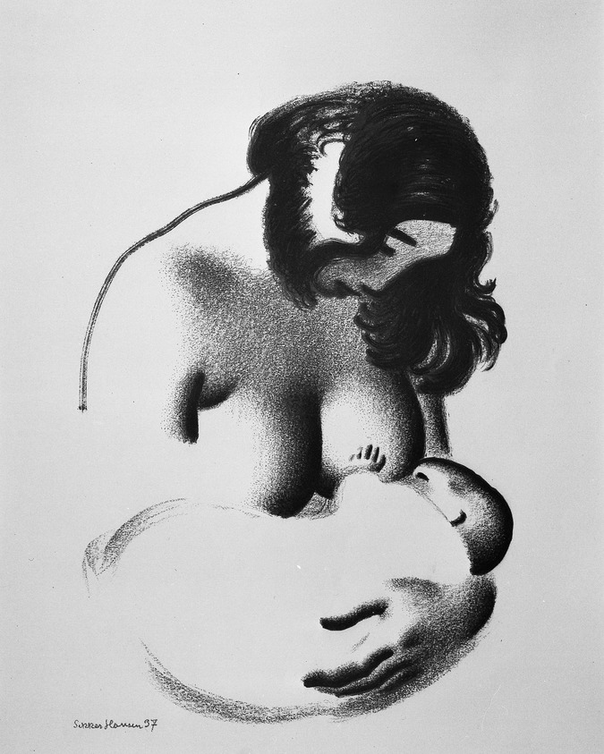Aage Sikker-Hansen (Danish, 1897-1955). <em>Mother and Child</em>, 1937. Lithograph on wove paper, Image: 15 9/16 x 10 3/8 in. (39.5 x 26.4 cm). Brooklyn Museum, Gift of Asger Fischer, 53.123. © artist or artist's estate (Photo: Brooklyn Museum, 53.123_acetate_bw.jpg)