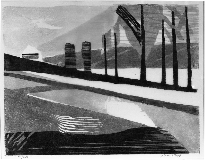John Wipp (Swedish, 1927-2005). <em>Street</em>, 20th century. Linocut on paper, 10 3/4 x 14 in. (27.3 x 35.5 cm). Brooklyn Museum, A. Augustus Healy Fund, 53.168.16. © artist or artist's estate (Photo: Brooklyn Museum, 53.168.16_acetate_bw.jpg)