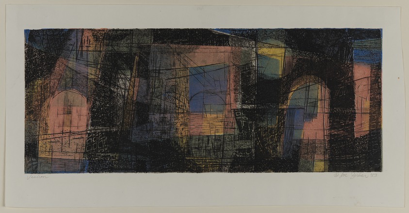 Joe Zirker (American, born 1924). <em>Vision</em>, 1953. Etching in color on wove paper, Sheet: 8 9/16 x 16 3/8 in. (21.8 x 41.6 cm). Brooklyn Museum, Dick S. Ramsay Fund, 53.25. © artist or artist's estate (Photo: Brooklyn Museum, 53.25_PS20.jpg)