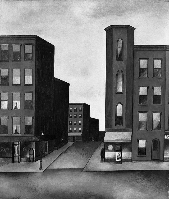 John Cunning (American, 1889-1953). <em>Hoboken Street</em>. Oil on canvas, 25 x 22 1/2 in. (63.5 x 57.2 cm). Brooklyn Museum, Dick S. Ramsay Fund, 54.13. © artist or artist's estate (Photo: Brooklyn Museum, 54.13_acetate_bw.jpg)