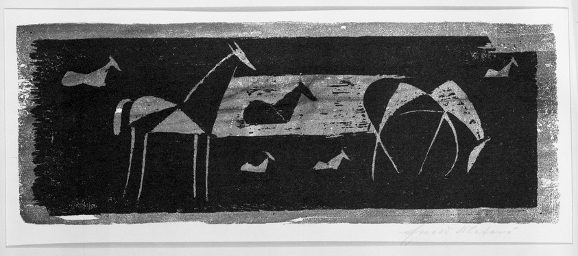 Ewald Mataré (German, 1887-1965). <em>Five Horses</em>, 1952. Linocut on soft wove paper, 5 1/16 x 13 3/16 in. (12.8 x 33.5 cm). Brooklyn Museum, Henry L. Batterman Fund, 54.150.1. © artist or artist's estate (Photo: Brooklyn Museum, 54.150.1_bw.jpg)