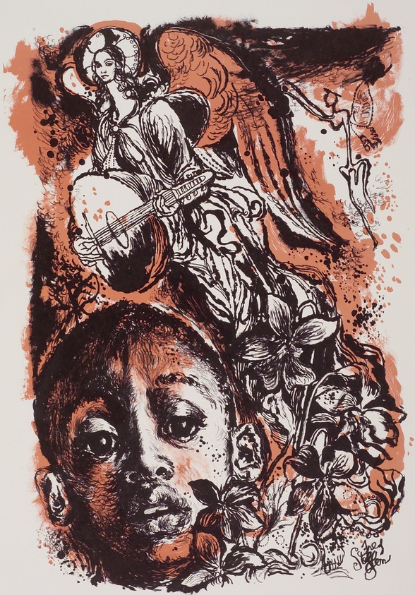 Fred Steffen. <em>Why Are Angels Always White?</em>, 1954. Lithograph, Sheet: 18 7/8 x 24 7/8 in. (47.9 x 63.2 cm). Brooklyn Museum, Gift of Artists Equity, Chicago Chapter, 54.153.2. © artist or artist's estate (Photo: Brooklyn Museum, 54.153.2.jpg)