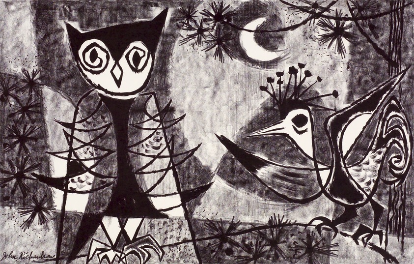 John Richardson. <em>Night Birds</em>, 1954. Lithograph, Sheet: 18 7/8 x 24 7/8 in. (47.9 x 63.2 cm). Brooklyn Museum, Gift of Artists Equity, Chicago Chapter, 54.153.6. © artist or artist's estate (Photo: Brooklyn Museum, 54.153.6.jpg)