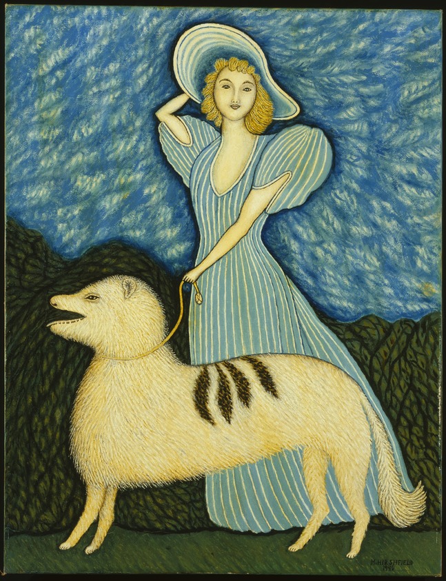 Morris Hirshfield (American, 1872–1946). <em>Girl with Dog</em>, 1940. Oil on canvas, 34 x 26 1/4 in. (86.4 x 66.7 cm). Brooklyn Museum, Bequest of Margaret S. Lewisohn, 54.157. © artist or artist's estate (Photo: Brooklyn Museum, 54.157_SL3.jpg)