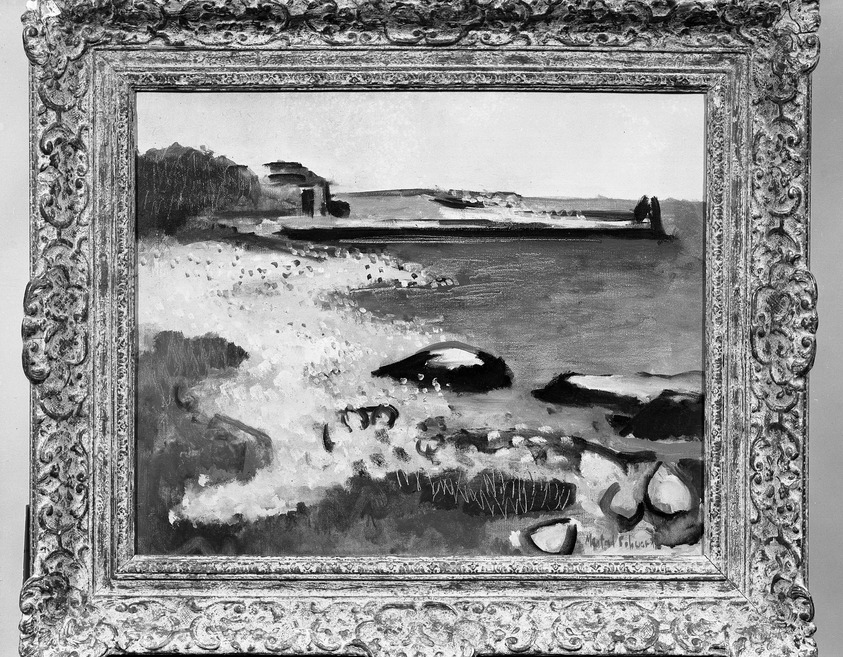Manfred Schwartz (American, 1909-1970). <em>Landscape</em>. Oil on canvas, 25 x 28 1/2 in. (63.5 x 72.4 cm). Brooklyn Museum, Gift of Mrs. Leo Simon, 54.55. © artist or artist's estate (Photo: Brooklyn Museum, 54.55_framed_acetate_bw.jpg)