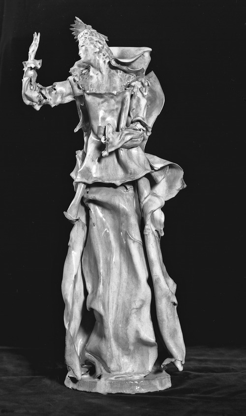 Fausto Melotti (Italian, 1901-1986). <em>Angel Gabriel from an Annunciation Group</em>. Glazed earthenware, 22 5/8 x 10 1/4 x 5 1/2 in. (57.5 x 26 x 14 cm). Brooklyn Museum, Gift of the Italian Government, 54.65.7. © artist or artist's estate (Photo: Brooklyn Museum, 54.65.7_acetate_bw.jpg)