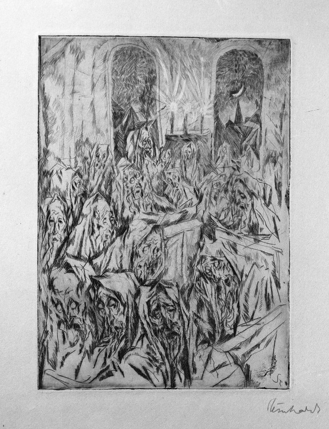 Jacob Steinhardt (1887-1968). <em>Synagogue (Der Bethaus)</em>, 1913. Drypoint on buff paper, 7 1/16 × 5 1/16 in. (17.9 × 12.9 cm). Brooklyn Museum, Gift of Dr. F.H. Hirschland, 55.165.12. © artist or artist's estate (Photo: Brooklyn Museum, 55.165.12_bw_IMLS.jpg)