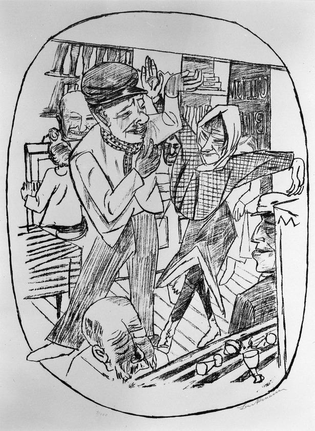 Max Beckmann (German, 1884-1950). <em>Low Dive (Kaschemme)</em>, 1922. Lithograph on heavy wove paper, Image: 17 5/8 x 13 1/4 in. (44.8 x 33.7 cm). Brooklyn Museum, Gift of Dr. F.H. Hirschland, 55.165.58. © artist or artist's estate (Photo: Brooklyn Museum, 55.165.58_bw_IMLS.jpg)