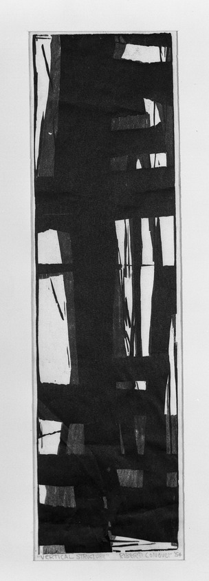 Robert Conover (American, 1920-1998). <em>Vertical Structure</em>, 1954. Woodcut on Japan paper, Image: 18 13/16 x 5 3/16 in. (47.8 x 13.1 cm). Brooklyn Museum, Dick S. Ramsay Fund, 55.50. © artist or artist's estate (Photo: Brooklyn Museum, 55.50_acetate_bw.jpg)
