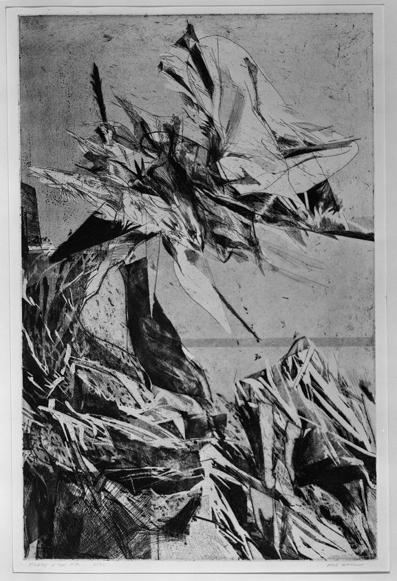 Ray Brown (American, born 1933). <em>Figure in the Air</em>. Intaglio on paper, 27 1/4 x 17 3/4 in. (69.2 x 45.1 cm). Brooklyn Museum, Dick S. Ramsay Fund, 55.52. © artist or artist's estate (Photo: Brooklyn Museum, 55.52_acetate_bw.jpg)