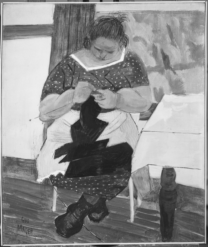 Gus Mager, (Charles Augustus Mager aka Watso) (American, 1878-1956). <em>Woman Knitting</em>, ca. 1920-1926. Oil on canvas, 30 1/8 × 25 1/2 in. (76.5 × 64.8 cm). Brooklyn Museum, Gift of Elizabeth Riefstahl, 56.139. © artist or artist's estate (Photo: Brooklyn Museum, 56.139_acetate_bw.jpg)