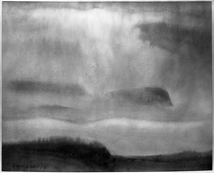 Grant M. Simon (American, 1887-after 1967). <em>Fog Bank - Porcupines</em>, 1955. Watercolor over pencil on paper, 22 1/8 x 26 inches (56.1 x 66 cm). Brooklyn Museum, Gift of Mr. and Mrs. Robert E. Blum, 56.179. © artist or artist's estate (Photo: Brooklyn Museum, 56.179_acetate_bw.jpg)