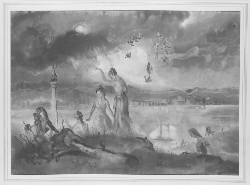 Bernard Klonis (American, 1906–1957). <em>Another Dream</em>. Watercolor on paper, 26 1/2 x 37 in. (67.3 x 94 cm). Brooklyn Museum, Gift of J. G. Proctor, 57.143. © artist or artist's estate (Photo: Brooklyn Museum, 57.143_acetate_bw.jpg)