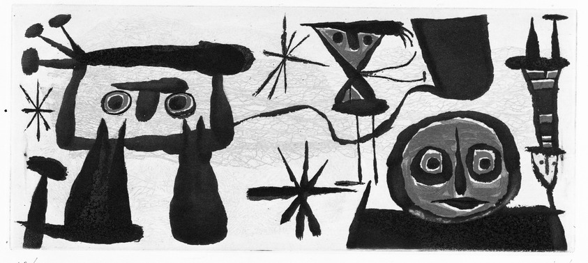 Joan Miró (Spanish, 1893-1983). <em>Personnage</em>, ca. 1940. Intaglio on imperial Japan paper, 5 5/16 x 12 3/16 in. (13.5 x 31 cm). Brooklyn Museum, Charles Stewart Smith Memorial Fund, 57.191.1. © artist or artist's estate (Photo: Brooklyn Museum, 57.191.1_bw.jpg)