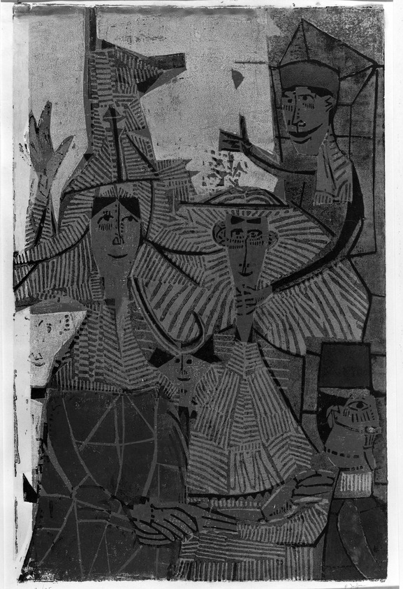 Horst Janssen (German, 1929-1995). <em>Figures</em>. Woodcut, color, various surface techniques on laid paper, 33 7/16 x 20 1/2 in. (85 x 52 cm). Brooklyn Museum, Charles Stewart Smith Memorial Fund, 57.193.4. © artist or artist's estate (Photo: Brooklyn Museum, 57.193.4_acetate_bw.jpg)