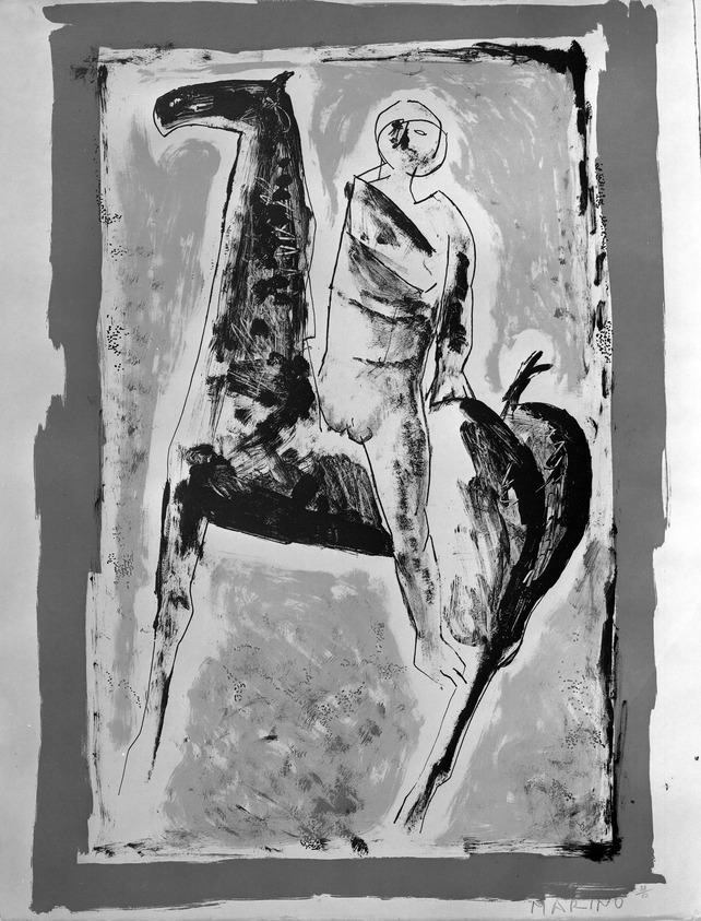 Marino Marini (Italian, 1901-1980). <em>Horse and Rider</em>, ca. 1955. Gouache Brooklyn Museum, Gift of Edward A. Bragaline, 57.213. © artist or artist's estate (Photo: Brooklyn Museum, 57.213_acetate_bw.jpg)