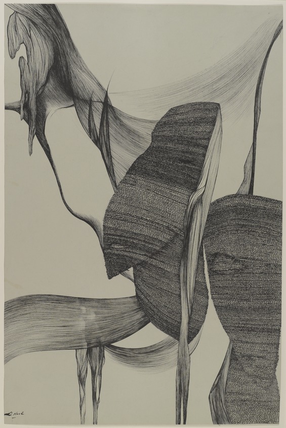 Dorothy Hood (American, 1919-2000). <em>Austere Charade</em>, 1955. Ink on paper, sheet: 23 x 15 3/16 in. (58.4 x 38.6 cm). Brooklyn Museum, Gift of Clara Radoff, 57.27.1. © artist or artist's estate (Photo: Brooklyn Museum, 57.27.1_PS4.jpg)