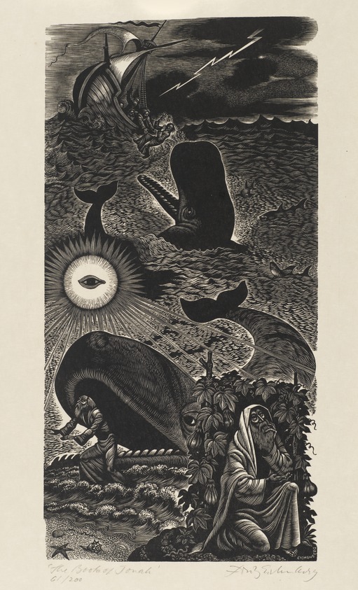 Fritz Eichenberg (American, 1901-1990). <em>The Book of Jonah</em>, ca. 1956. Wood engraving on heavy Japan paper, Sheet: 16 1/8 x 9 3/8 in. (41 x 23.8 cm). Brooklyn Museum, Gift of Fritz Eichenberg, 57.47.1.7. © artist or artist's estate (Photo: Brooklyn Museum, 57.47.1.7_PS2.jpg)