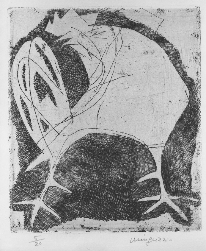 Luciano Minguzzi (Italian, 1911-2004). <em>Il Gallo</em>, n.d. Etching on heavy wove paper, 9 3/8 x 8 in. (23.8 x 20.3 cm). Brooklyn Museum, Carll H. de Silver Fund, 58.165.9. © artist or artist's estate (Photo: Brooklyn Museum, 58.165.9_acetate_bw.jpg)