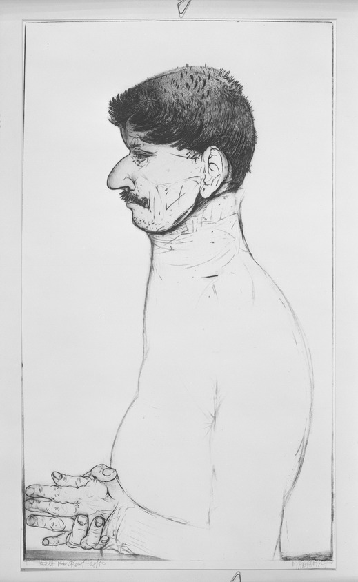 Mauricio Lasansky (American, born Argentina, 1914-2012). <em>Self-Portrait</em>, 1957. Intaglio etching (mixed media) on heavy wove paper, 35 5/8 x 20 1/4 in. (90.5 x 51.5 cm). Brooklyn Museum, Dick S. Ramsay Fund, 58.45. © artist or artist's estate (Photo: Brooklyn Museum, 58.45_acetate_bw.jpg)