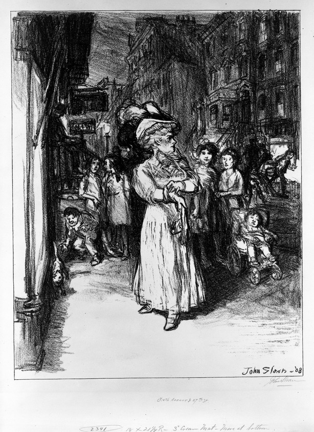 John Sloan (American, 1871-1951). <em>Sixth Avenue & 27th St.</em>, 1908. Lithograph on cream-colored wove paper, Image: 13 7/8 x 10 7/8 in. (35.3 x 27.7 cm). Brooklyn Museum, Dick S. Ramsay Fund, 58.9.2. © artist or artist's estate (Photo: Brooklyn Museum, 58.9.2_bw.jpg)