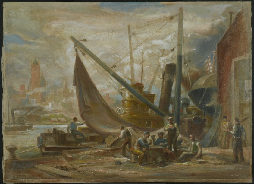 Charles Wheeler Locke (American, 1899-1983). <em>The Waterfront</em>. Oil on canvas, frame: 34 1/8 × 45 × 3 1/2 in. (86.7 × 114.3 × 8.9 cm). Brooklyn Museum, Gift of the Whitney Museum of American Art, 59.52. © artist or artist's estate (Photo: Brooklyn Museum, 59.52_PS1.jpg)