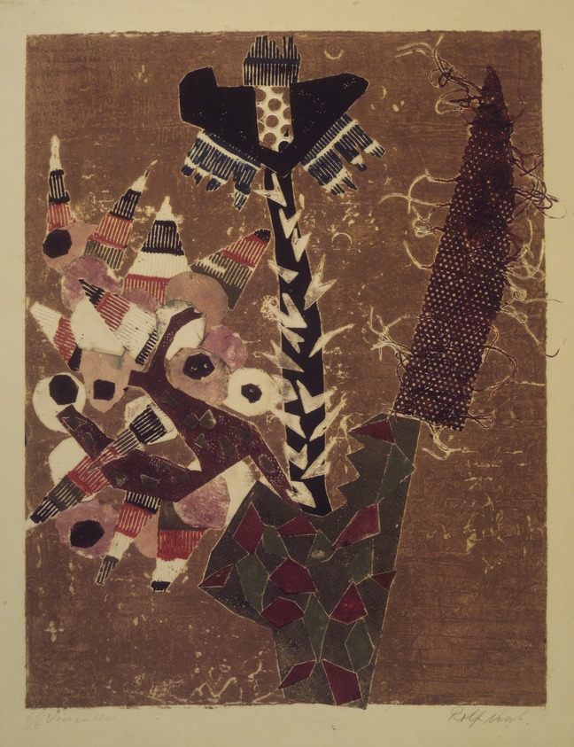 Rolf Nesch (Norwegian, 1893-1975). <em>Arrow Flower</em>, 1952-1953. Intaglio on wove paper, 8 11/16 x 6 7/8 in. (22.1 x 17.5 cm). Brooklyn Museum, Frank L. Babbott Fund, 60.125.2. © artist or artist's estate (Photo: Brooklyn Museum, 60.125.2_transp2131.jpg)